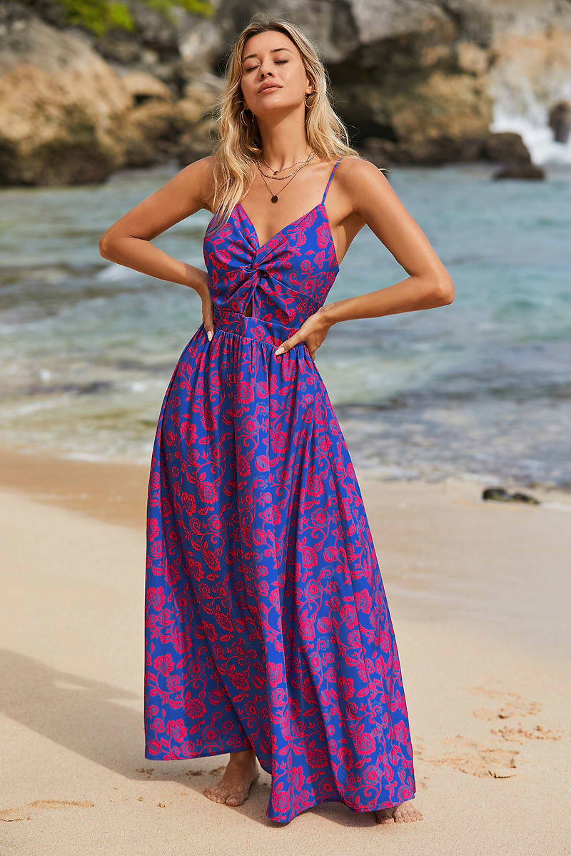 Floral Print Knotted V-Neck Maxi Dress