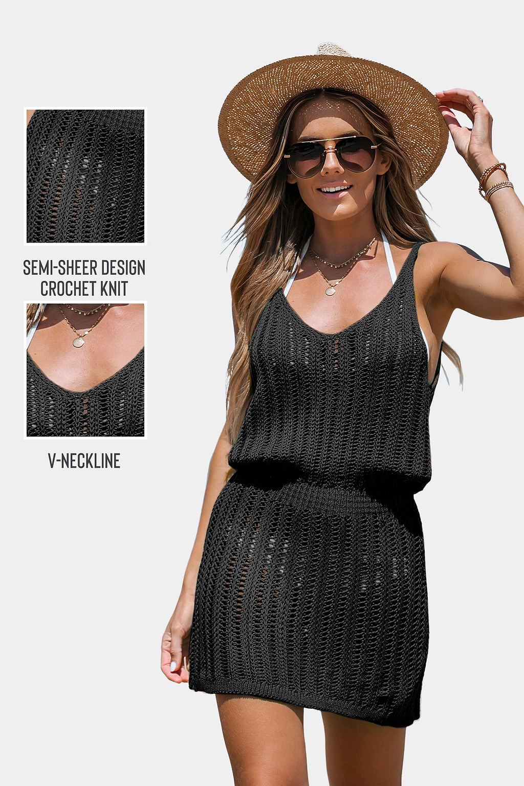 Crochet Knit V-Neck Mini Cover-Up Dress