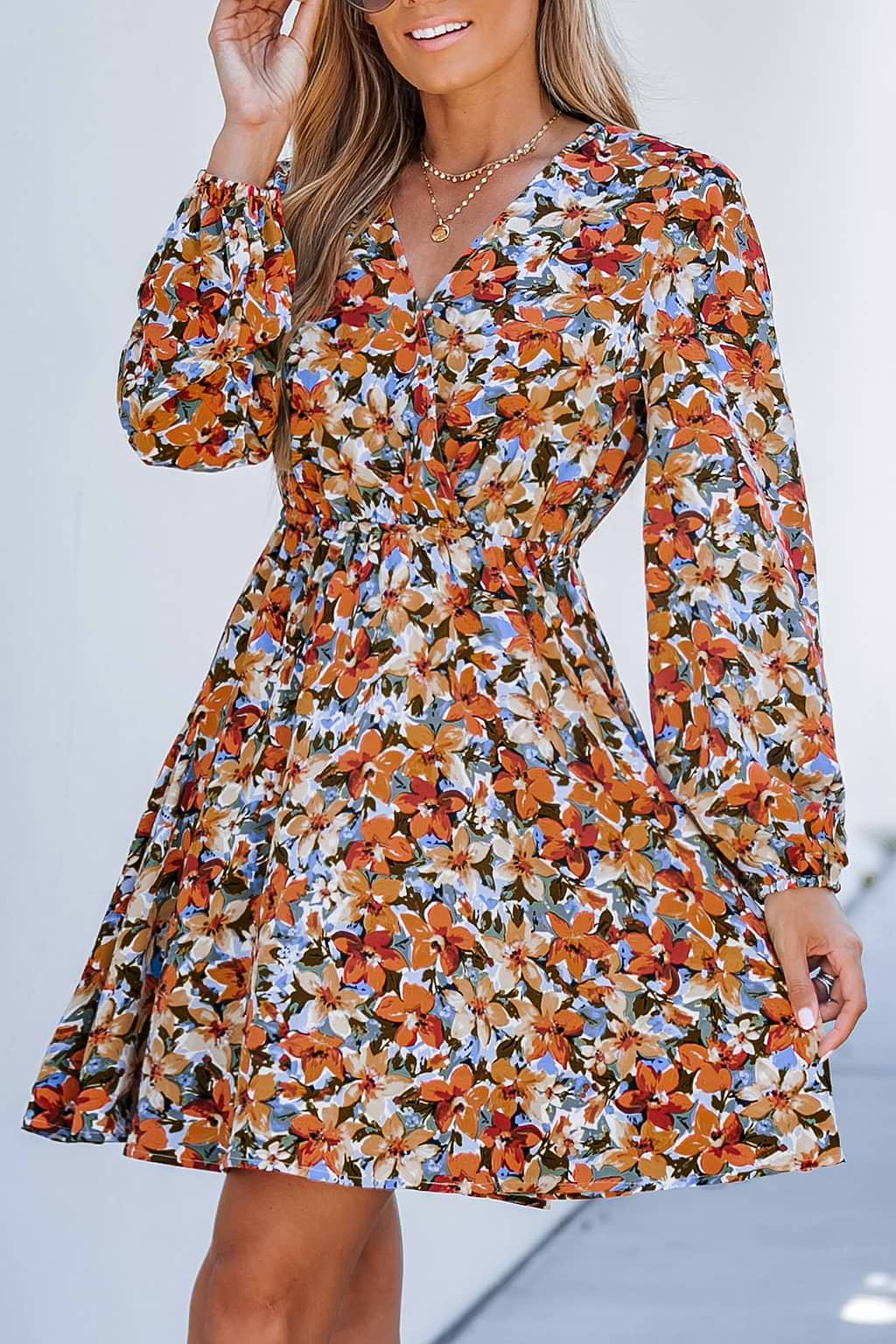 Floral Print Peasant Sleeve Mini Dress