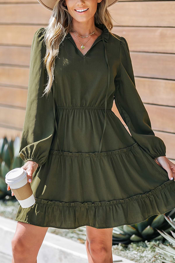 Olive Green Tie Neck Mini Dress