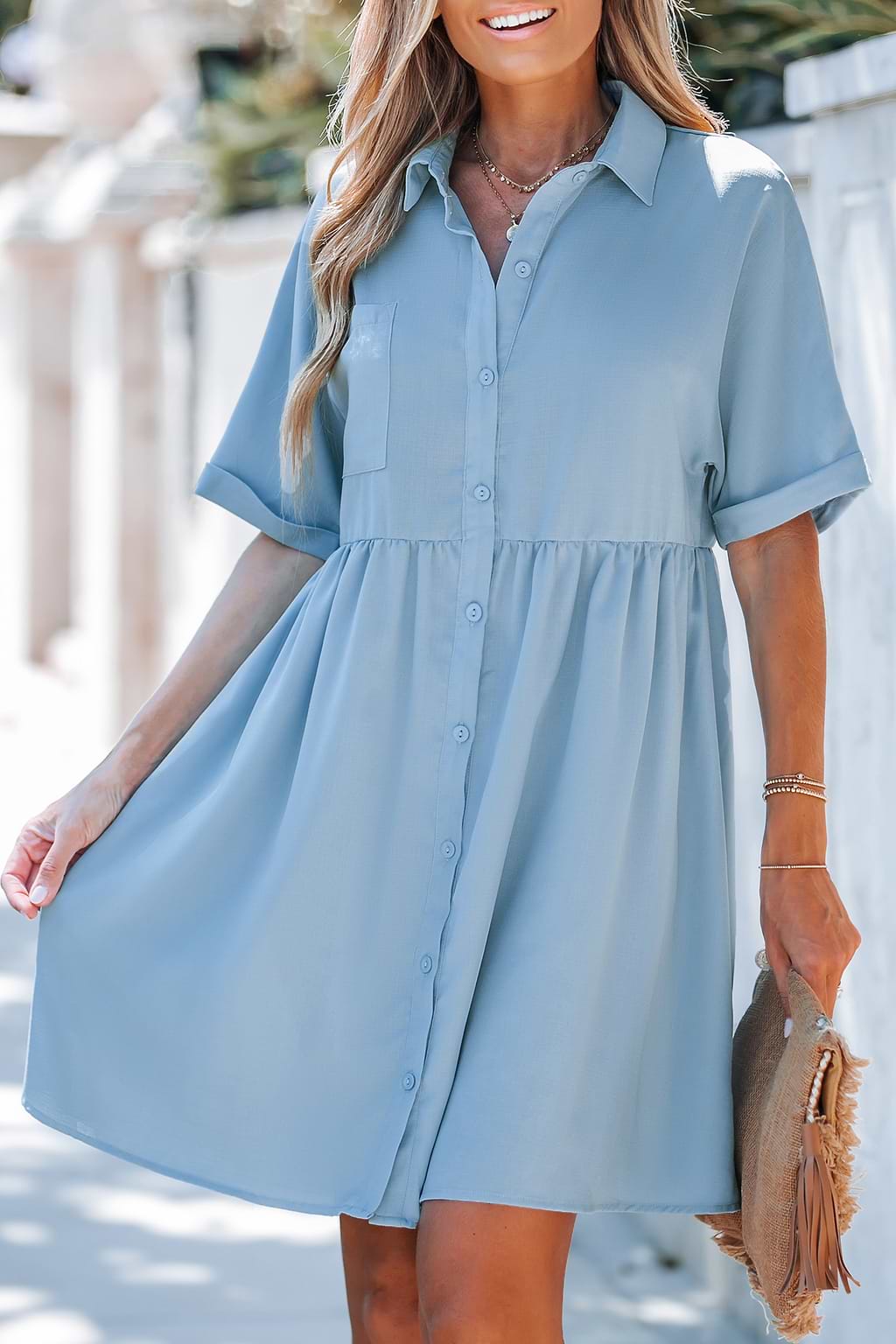 Baby Blue Button-Front Mini Dress