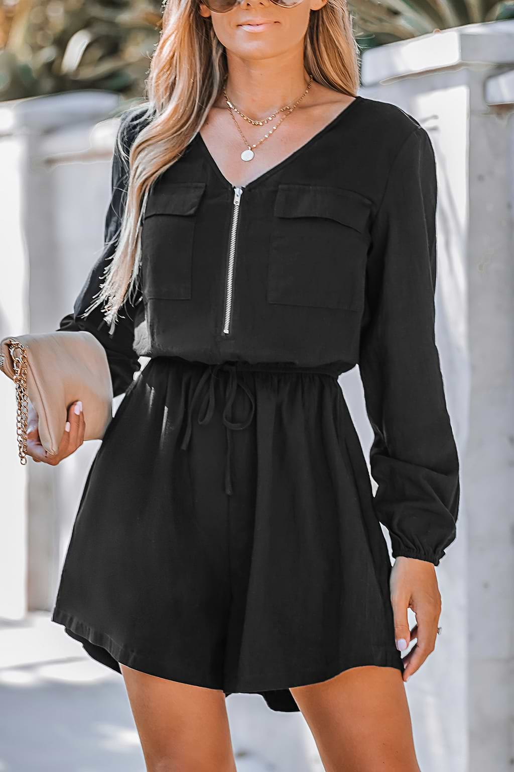Shadow Zip-Up Drawstring Waist Romper