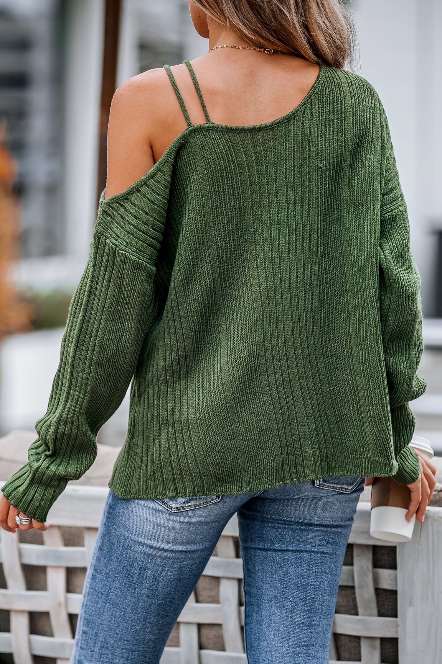 Green Rib One-Shoulder Sweater