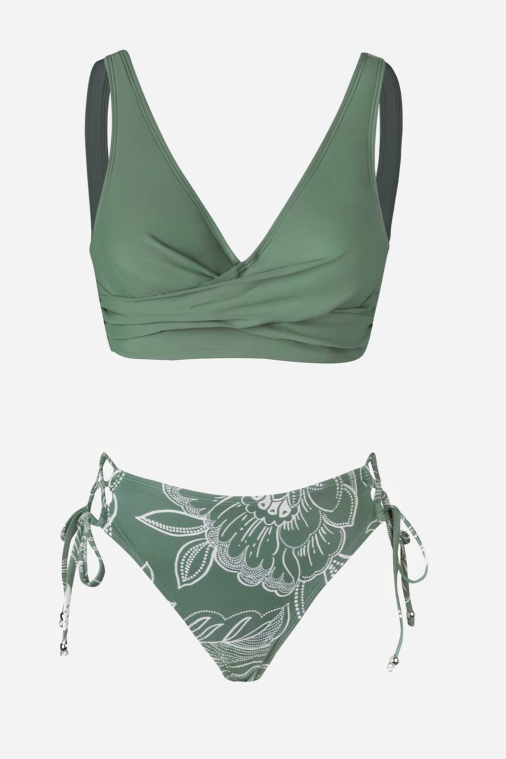 Green Tropical Floral Back Tie Bralette & Tie Side Bikini Set