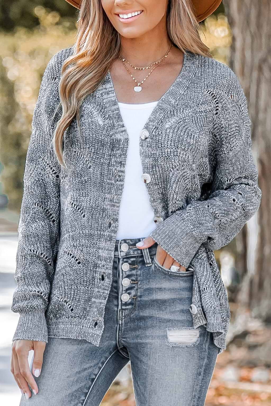 Cutout Crochet Button-Front Cardigan Sweater