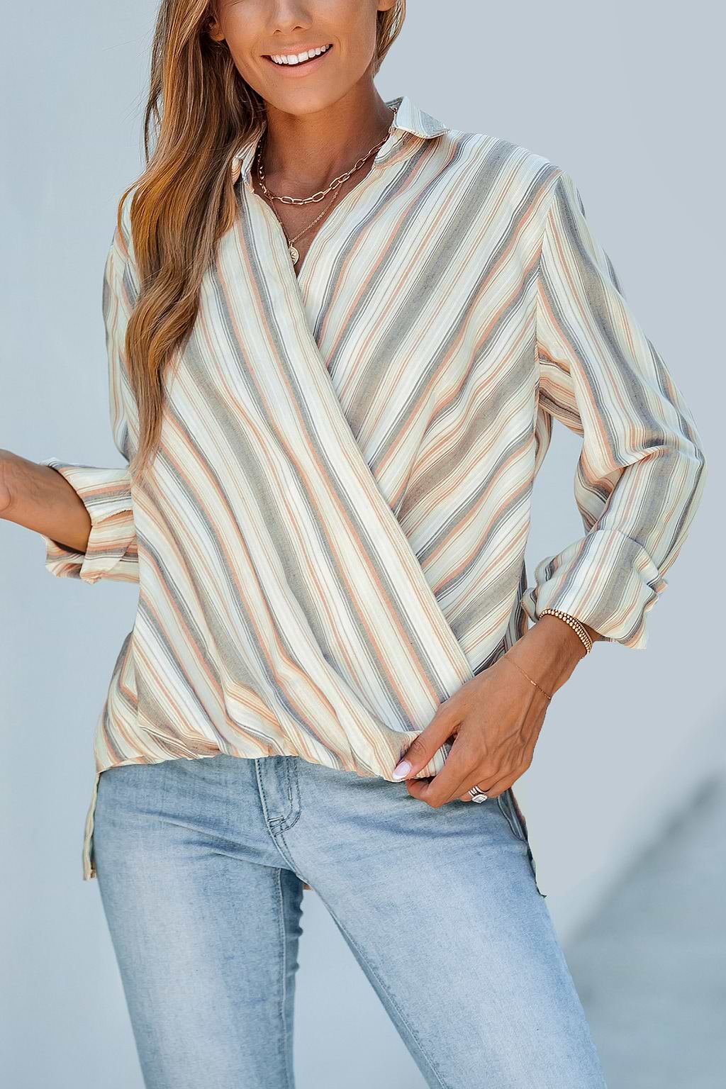 Striped Surplice Neck Long Sleeve Top