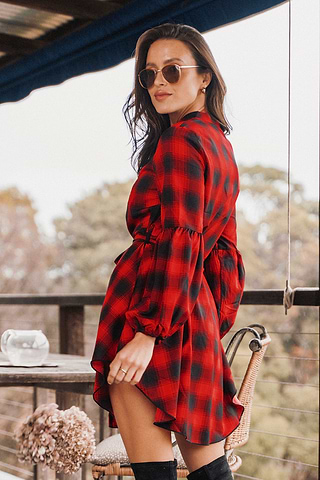 strapless open back dress Red Buffalo Plaid 3/4 Sleeve Empire Waist Dress Large main image 0
