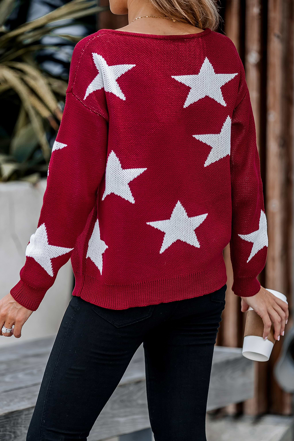 Star Pattern V-Neck Drop Sleeve Sweater