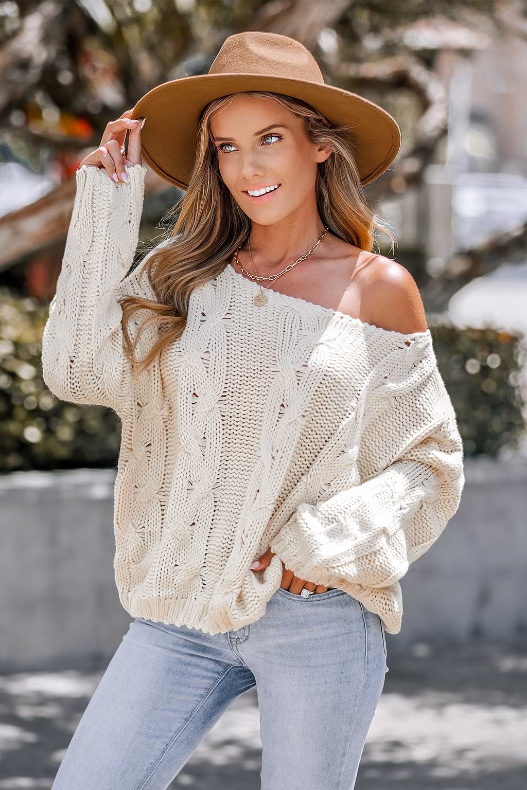 Cream Cable Knit Drop Sleeve Sweater
