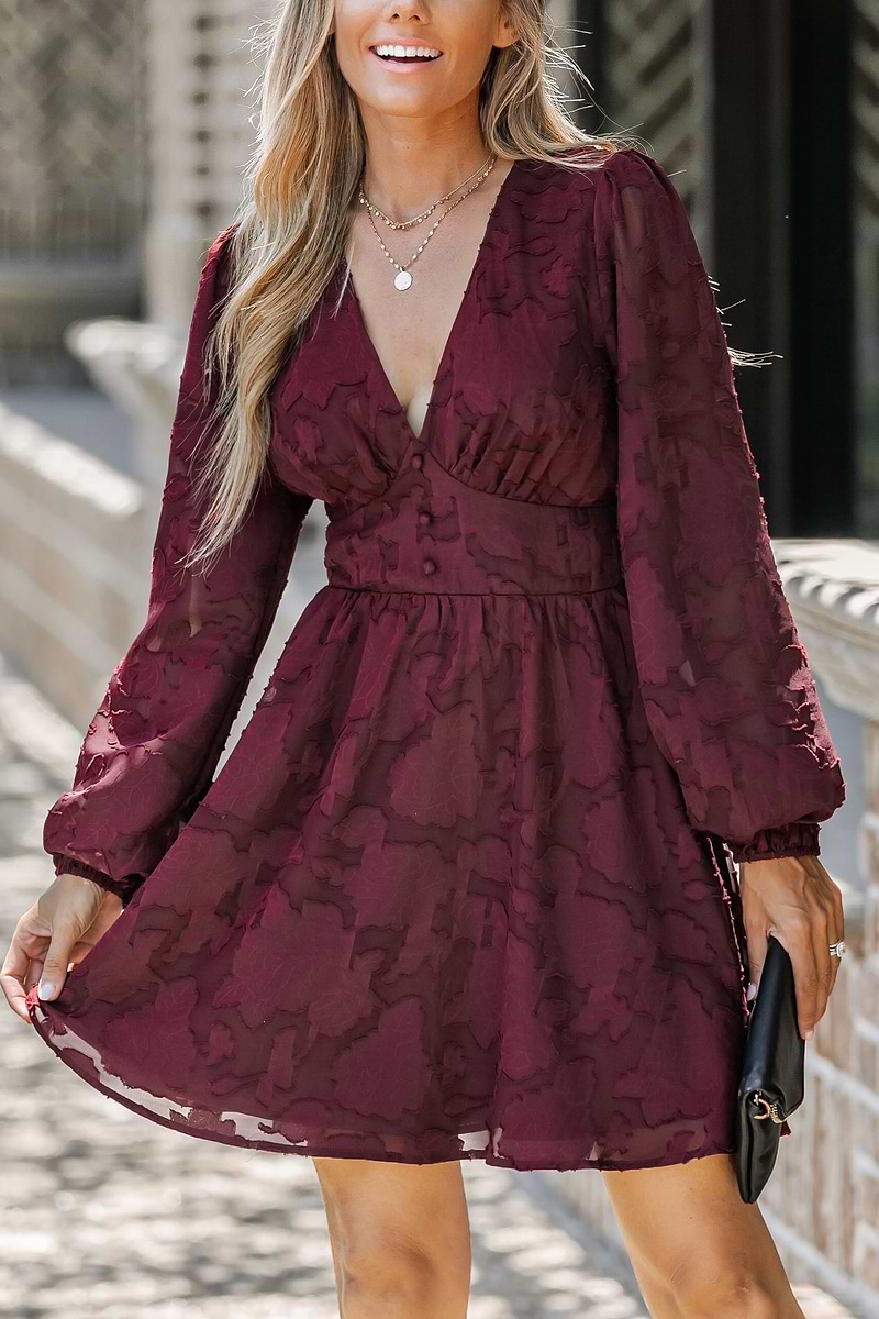 Maroon Textured Floral Lace Mini Dress