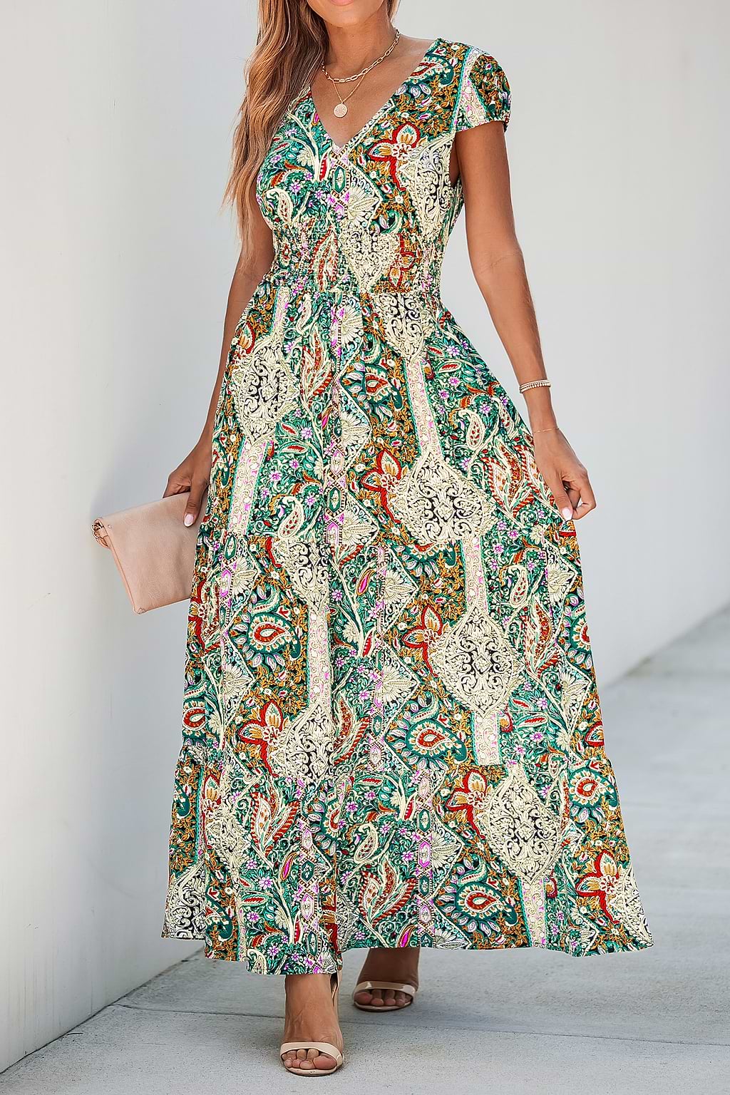 Floral Paisley Print V-Neck Maxi Dress