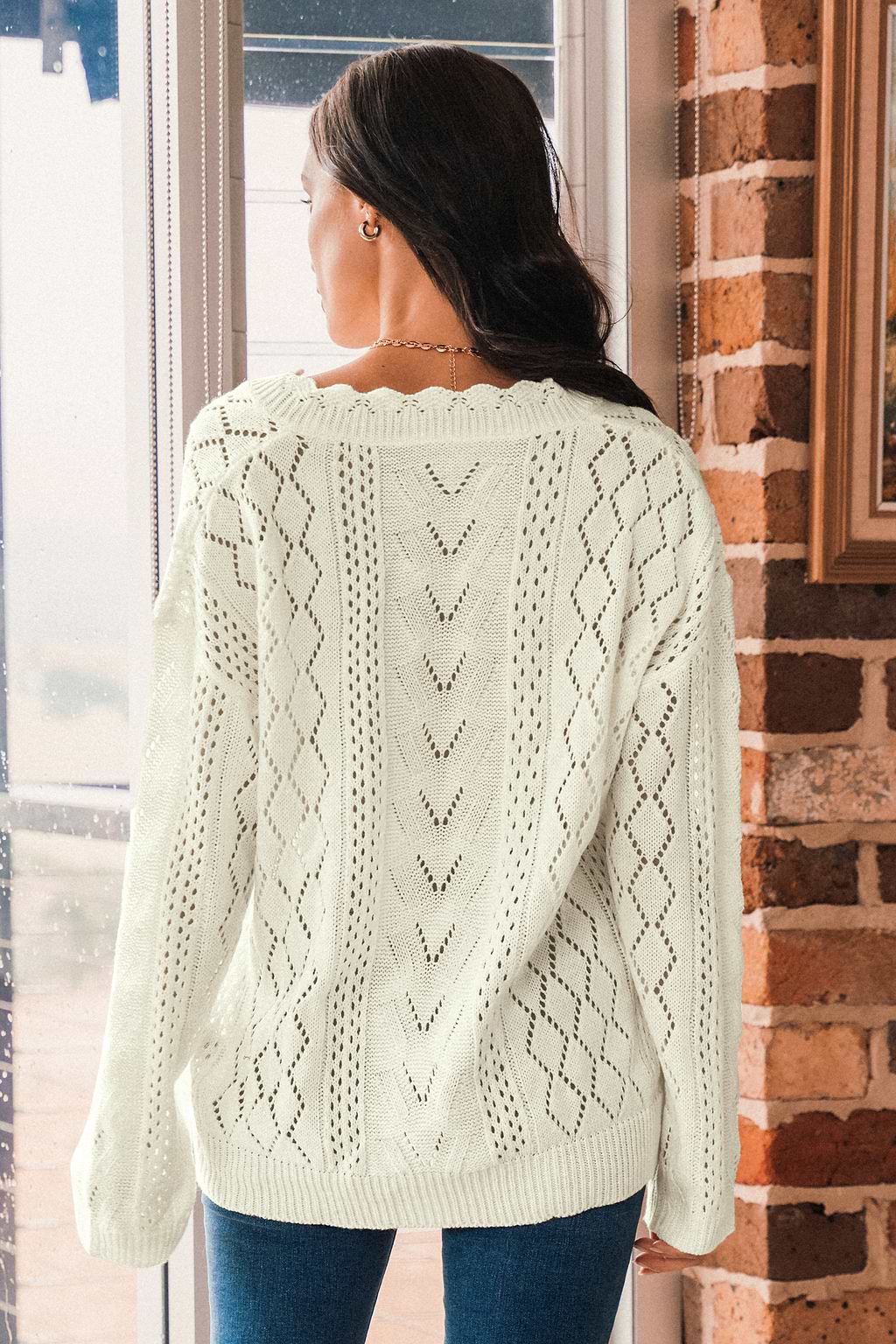 Pointelle Knit V-Neck Jumper