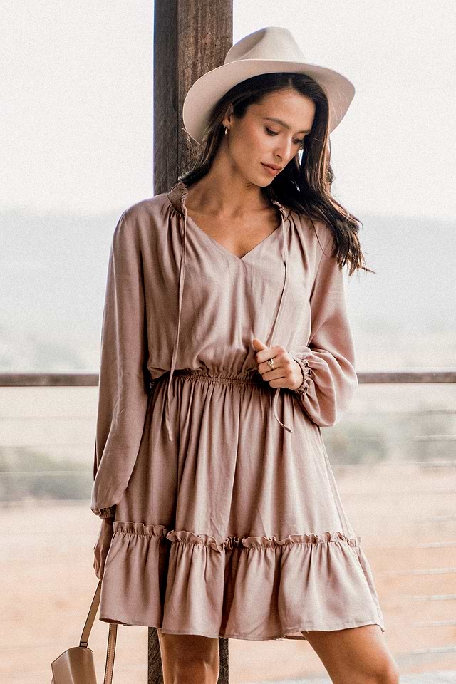 tie neck a line dress Mauve Ruffled A-Line MIni How to Wear Ankle Friday13-March26 Color:Sparkling Grape its all about how