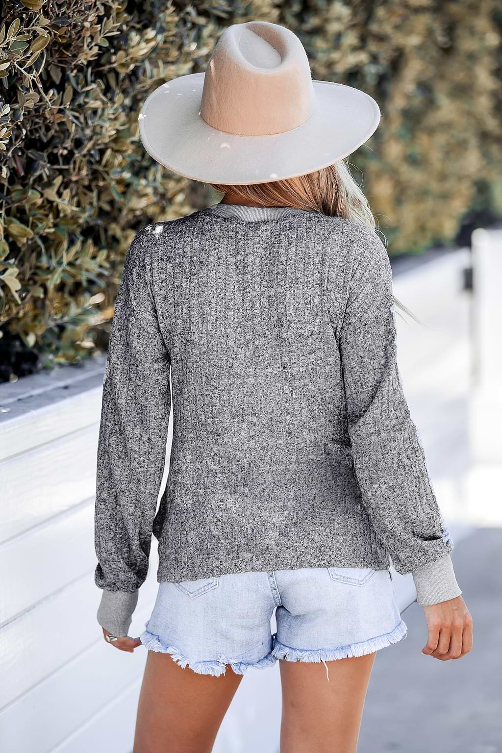 Rib gemêleerd gebreid T-shirt met lange mouwen