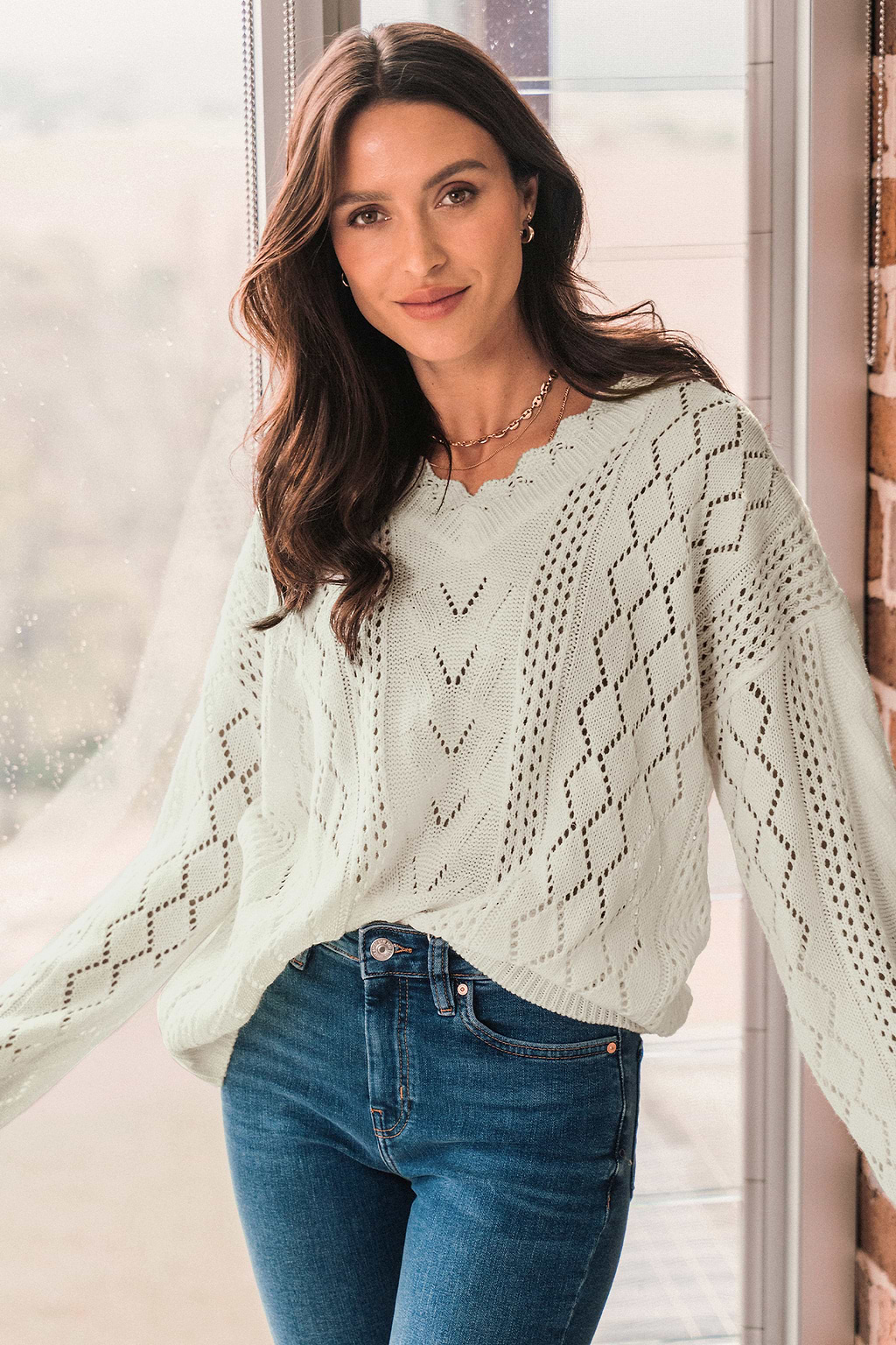 Pointelle Knit V-Neck Jumper