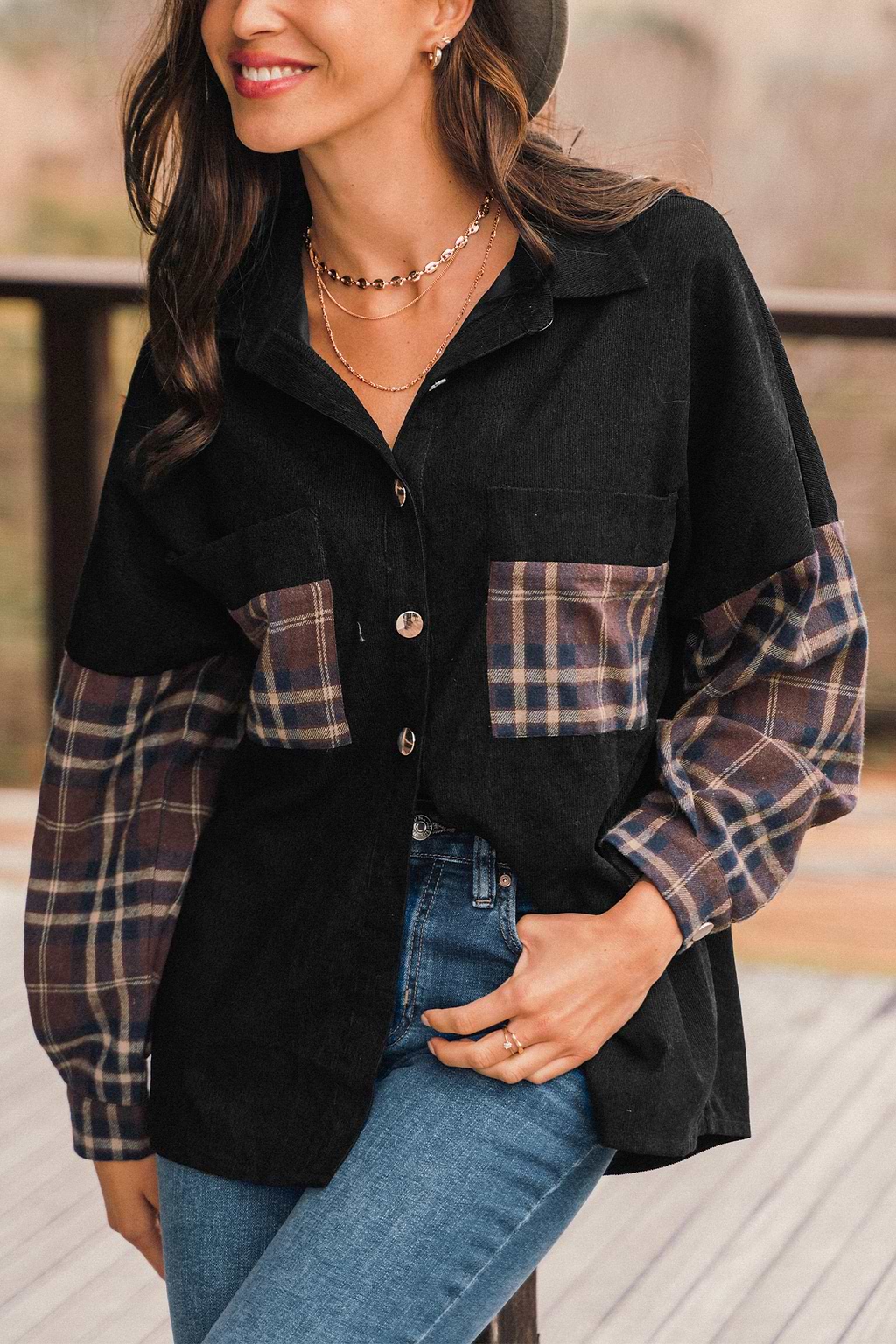 Veste à boutons sur le devant en carreaux et bloc de couleur