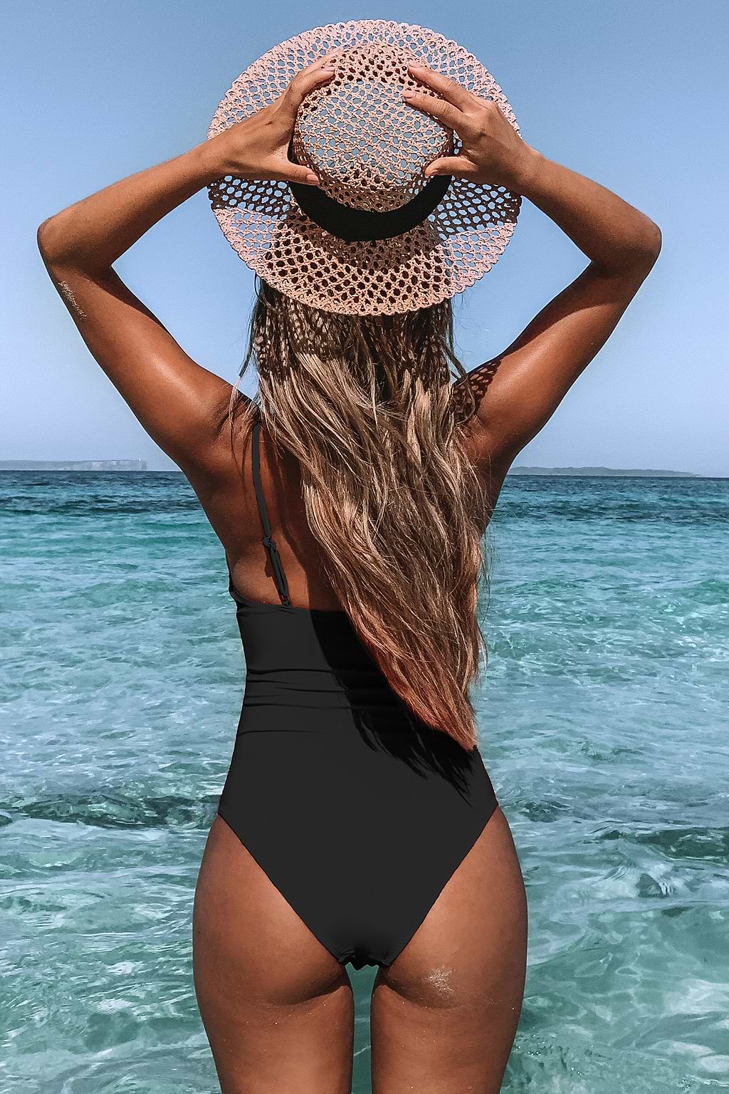 Black Shirring V Neck One Piece Swimsuit