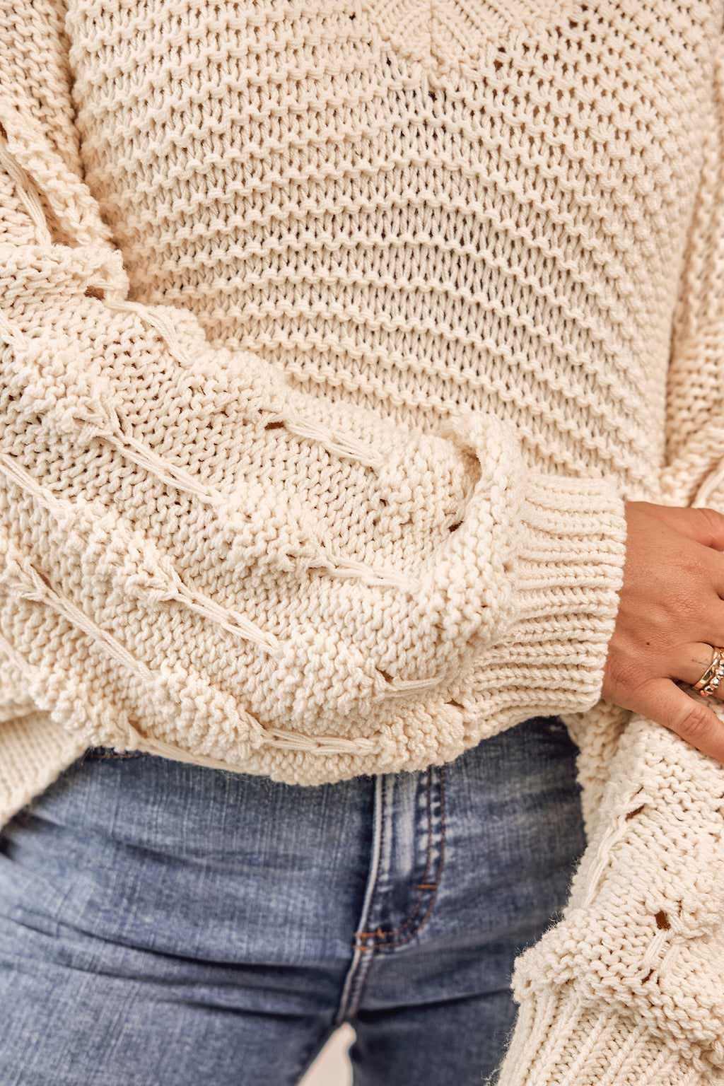 Popcorn Knit V-Neck Drop Sleeve Jumper