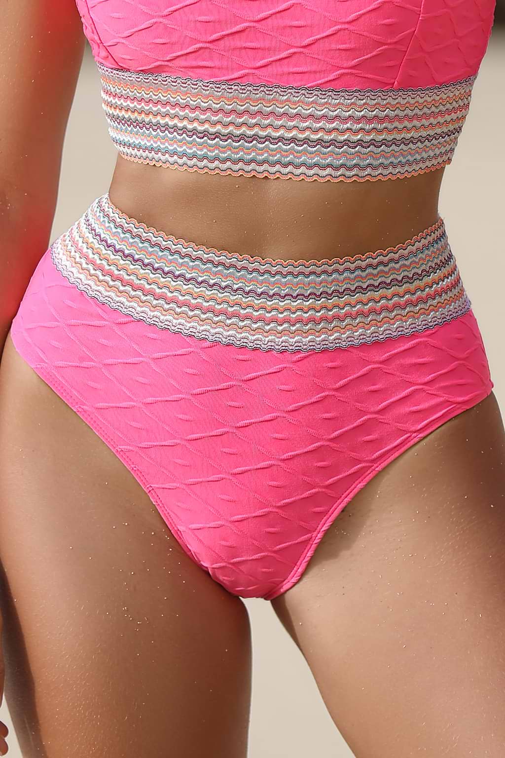 Hot Pink Textured High Waist Bikini Bottoms