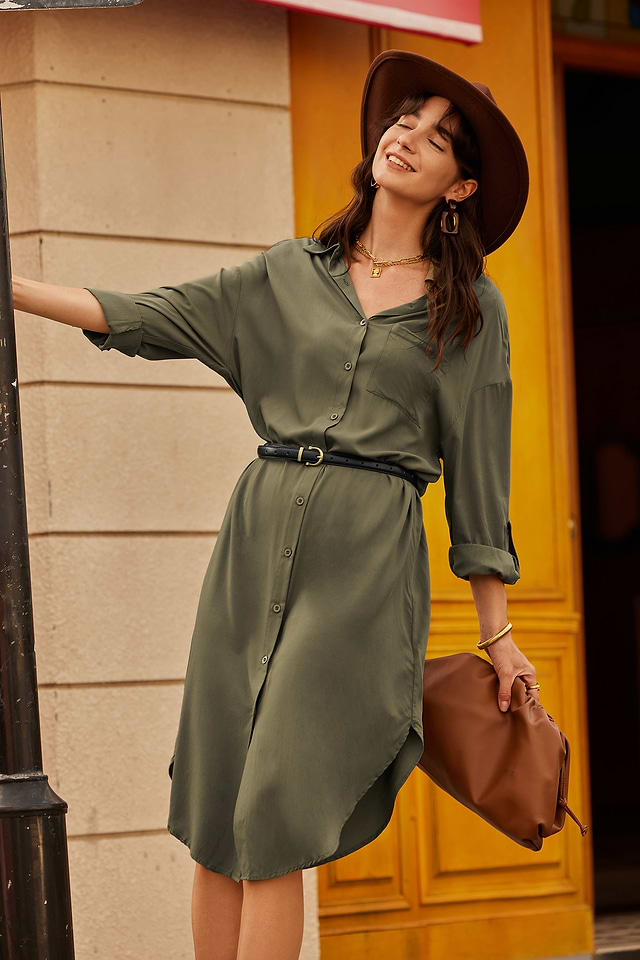 slim fit dress slacks Reese Linen Mix Button Through Midi Shirt Dress
