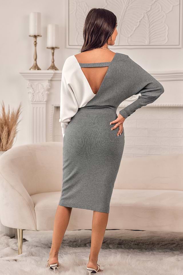 Chain Belt Colorblock Midi Sweater Dress