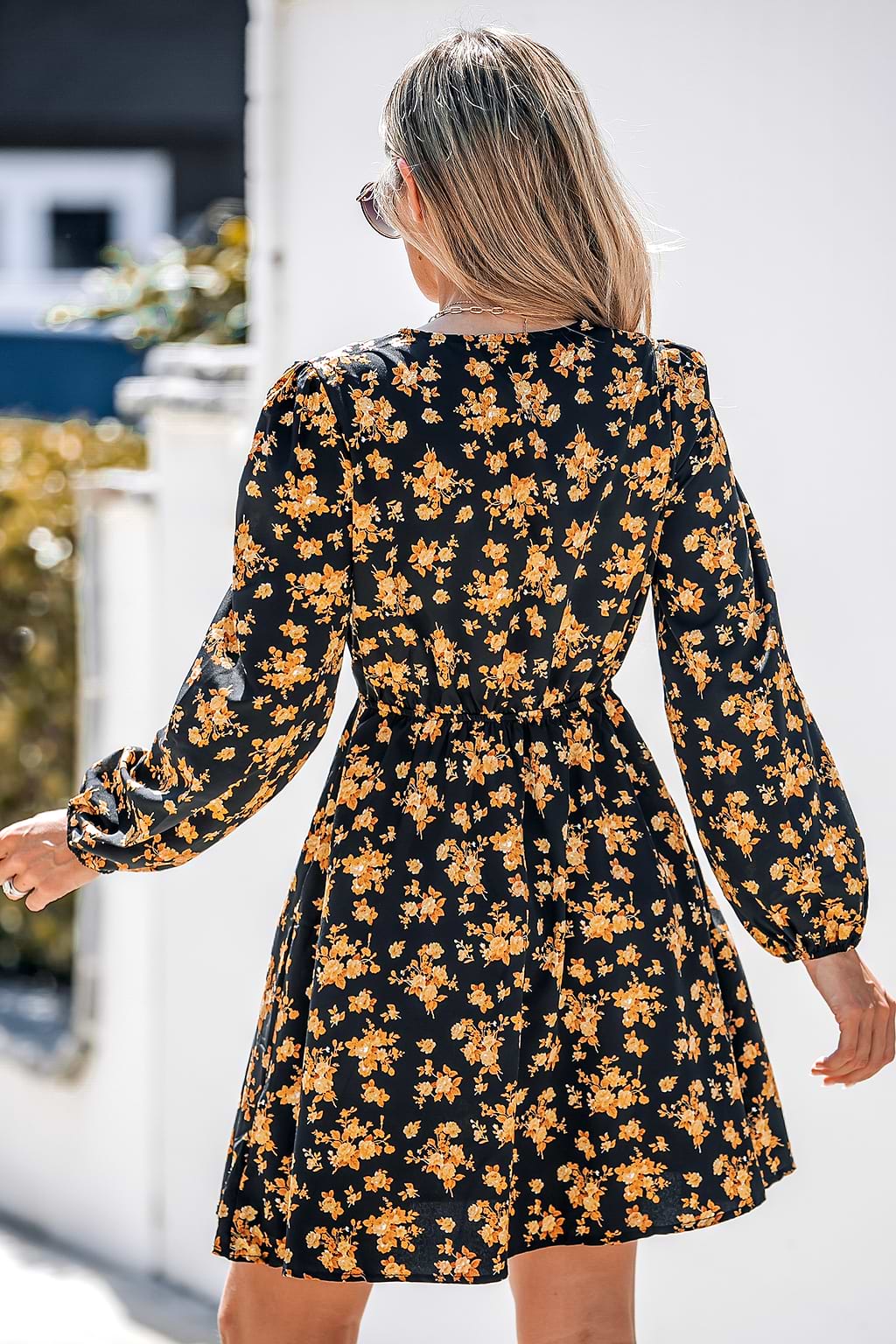 Floral Print Peasant Sleeve A-line Dress