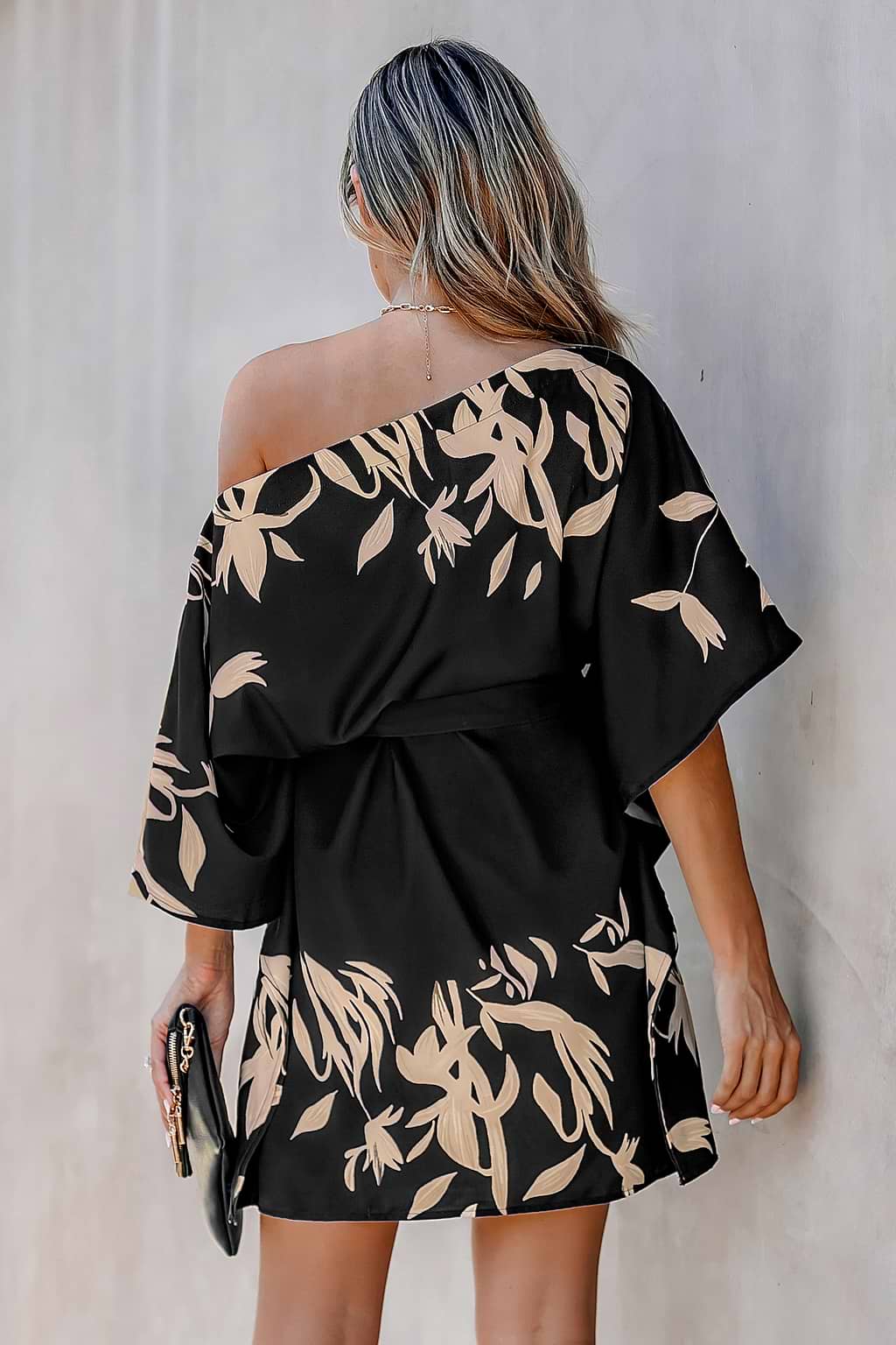 Belted Tropical Floral Print One-Shoulder Dress