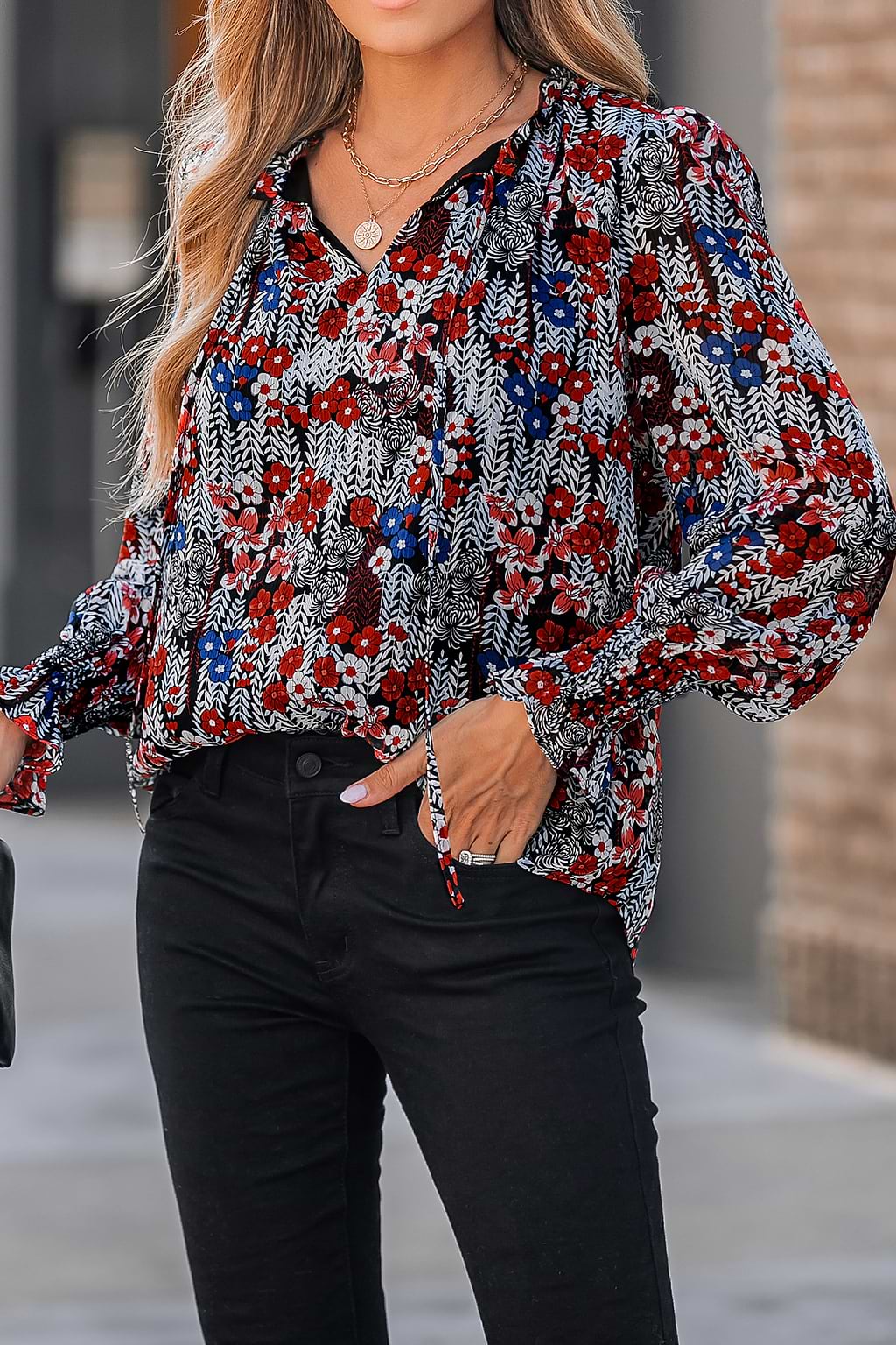 Floral Print V-Neck Trumpet Sleeve Top