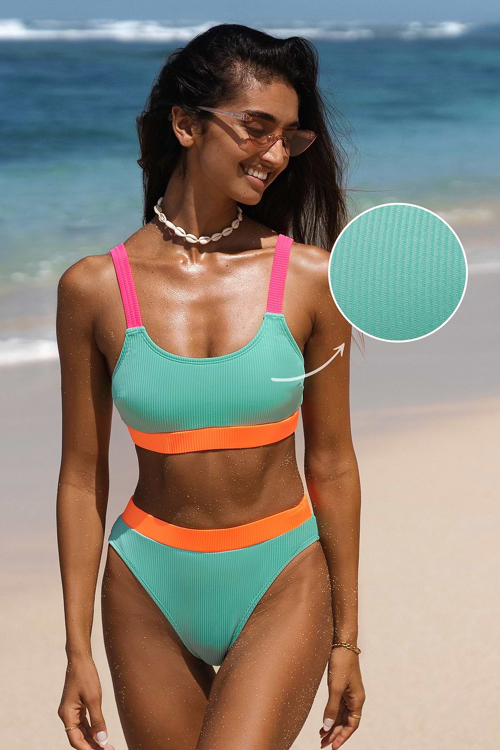 Bikini côtelé néon à col scoop et hipster