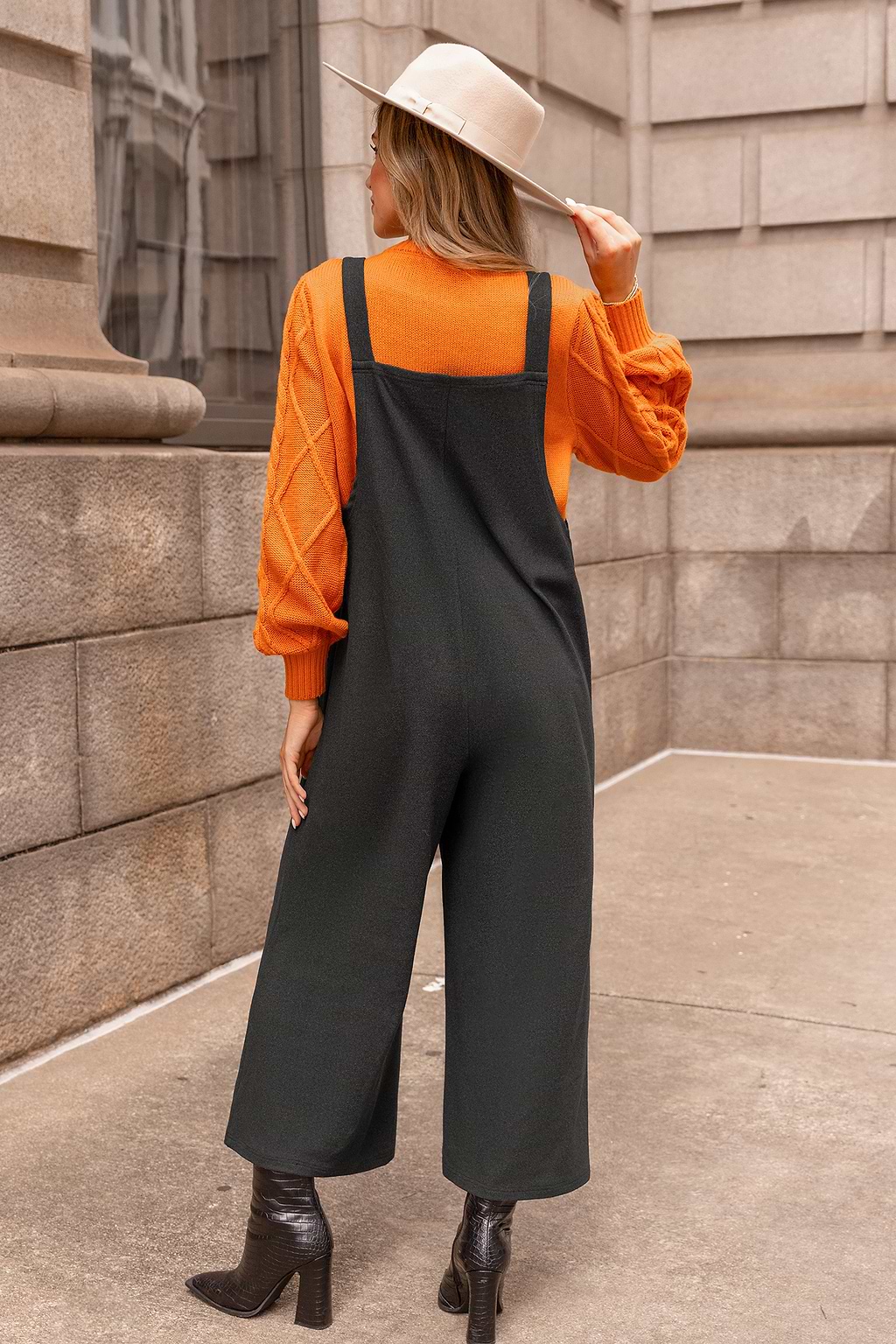 Houtskool mouwloze jumpsuit met wijde pijpen