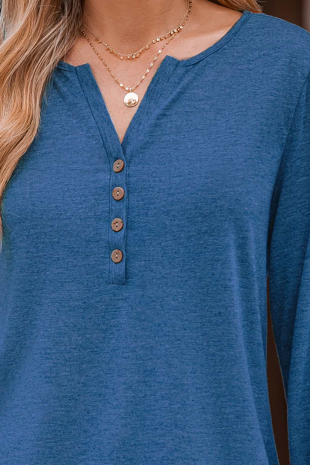 Slub Knit Long Sleeve Blue Henley Tee