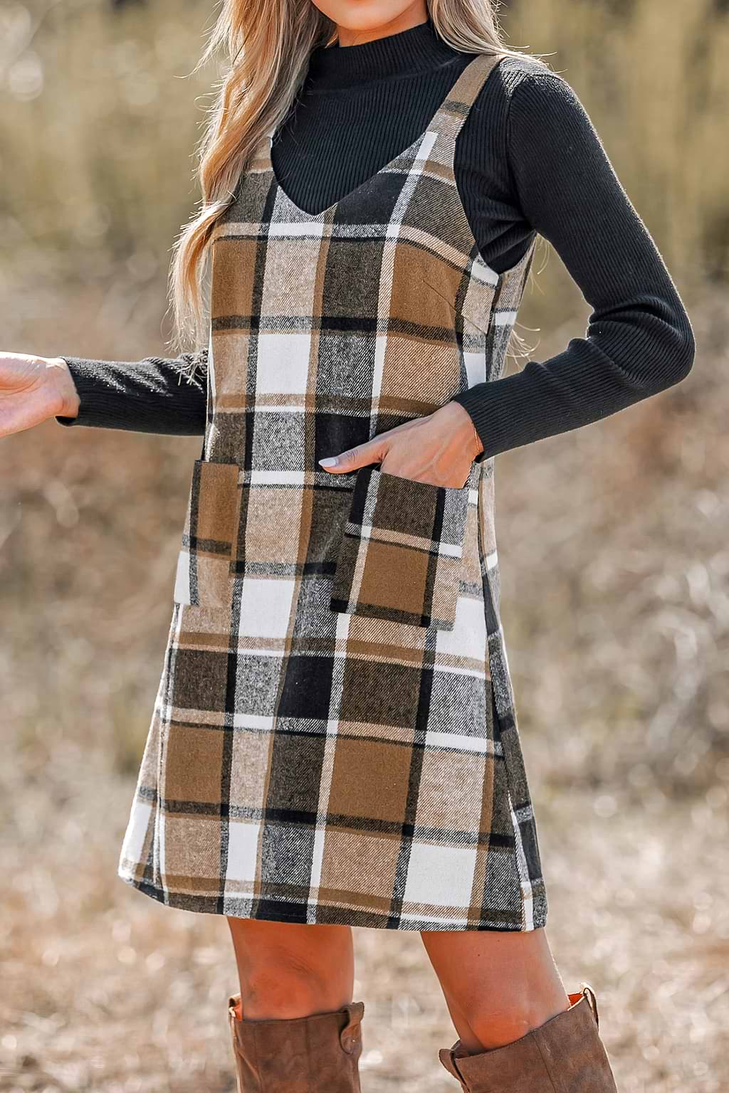 Plaid V-Neck Mini Pinafore Dress