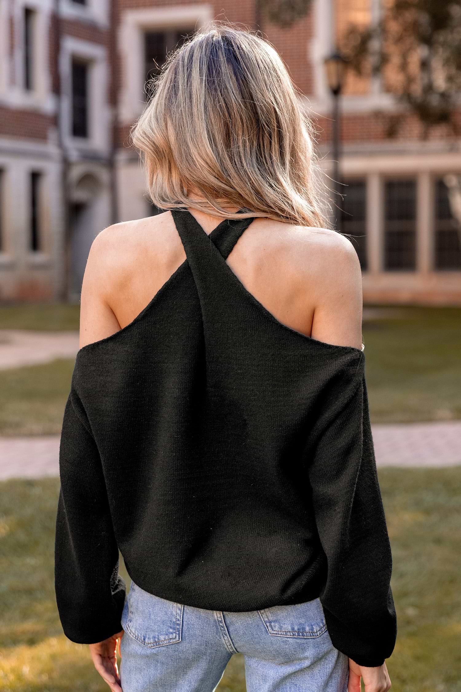 Onyx Open-Shoulder Cutout Sweater