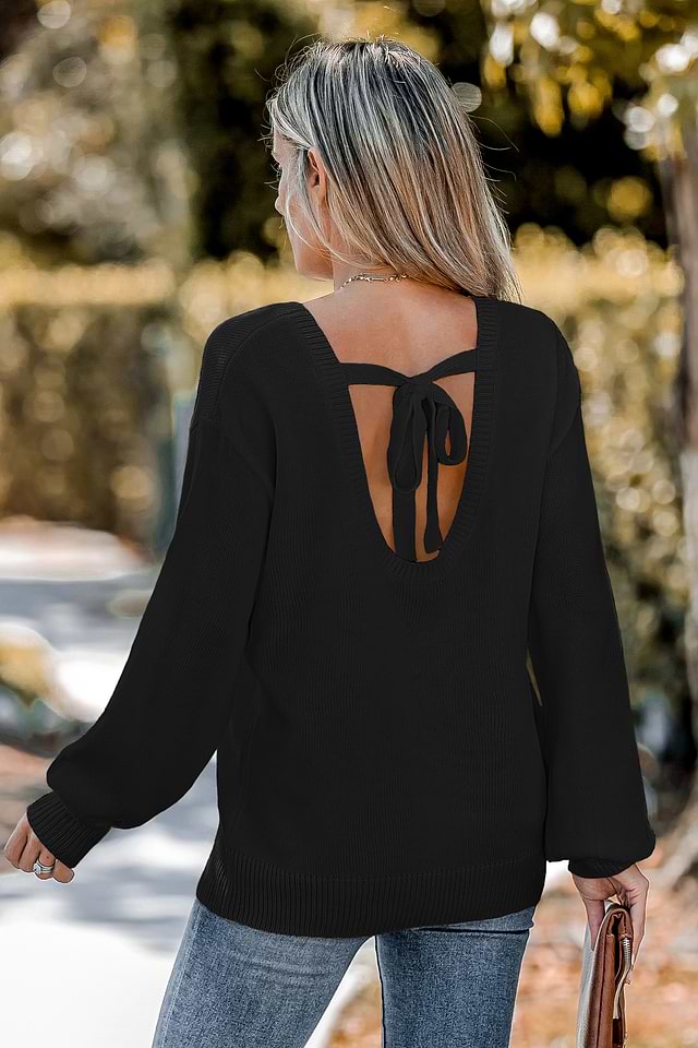 Cutout Tie Back Drop Sleeve Sweater