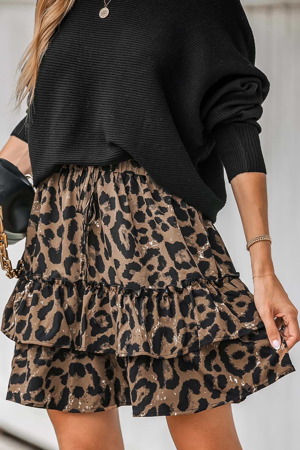 Influencer Edits Leopard Print Drawstring Ruffled Skirt