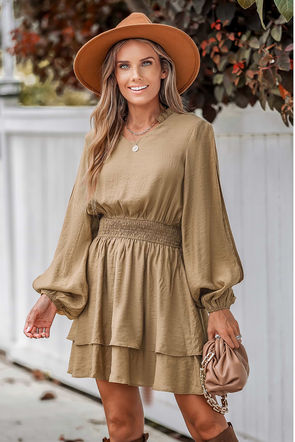 Influencer Edits Autumn Leaves Smocked Ruffled Mini Dress