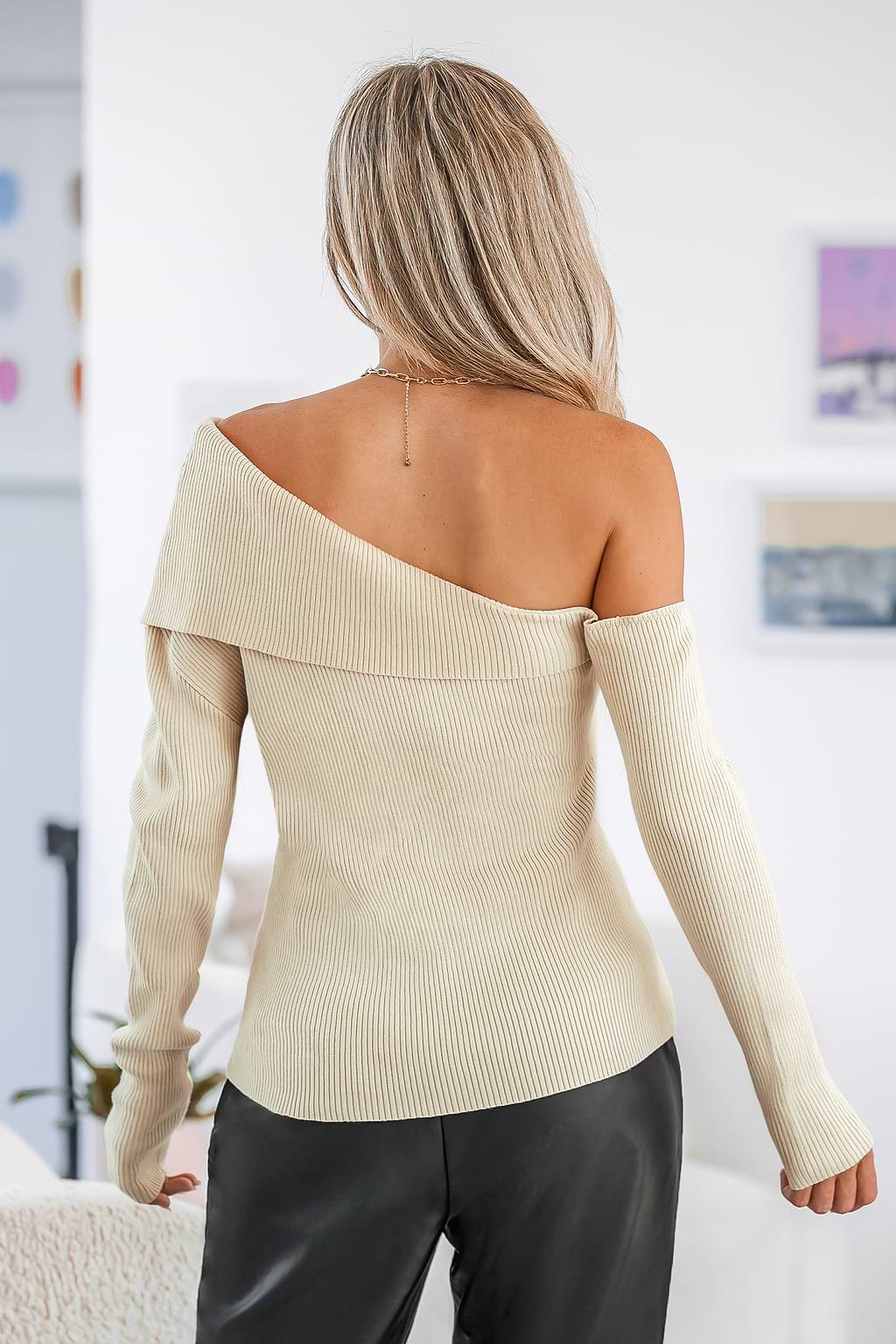 Influencer Edits Toasted Marshmallow Foldover One-Shoulder Sweater