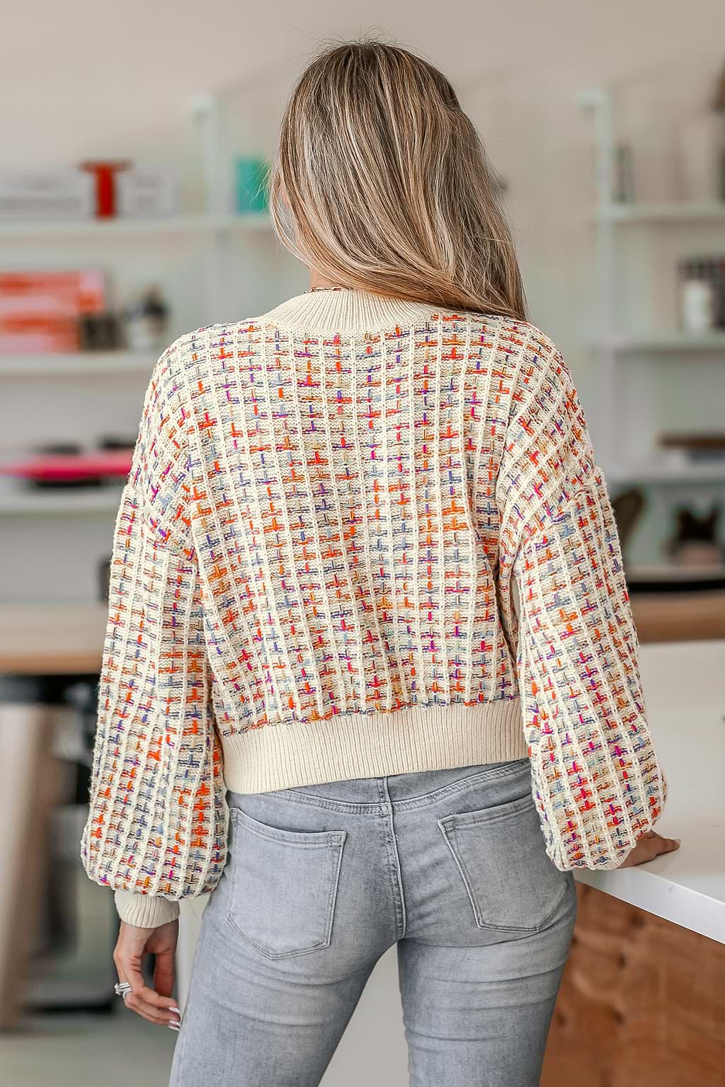 Influencer Edits Rainbow Stitching Drop Sleeve Sweater