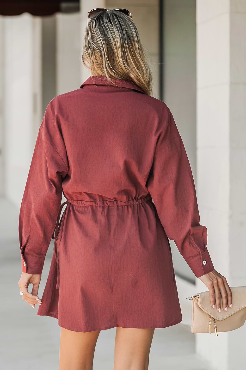Maroon Button-Front Mini Shirt Dress