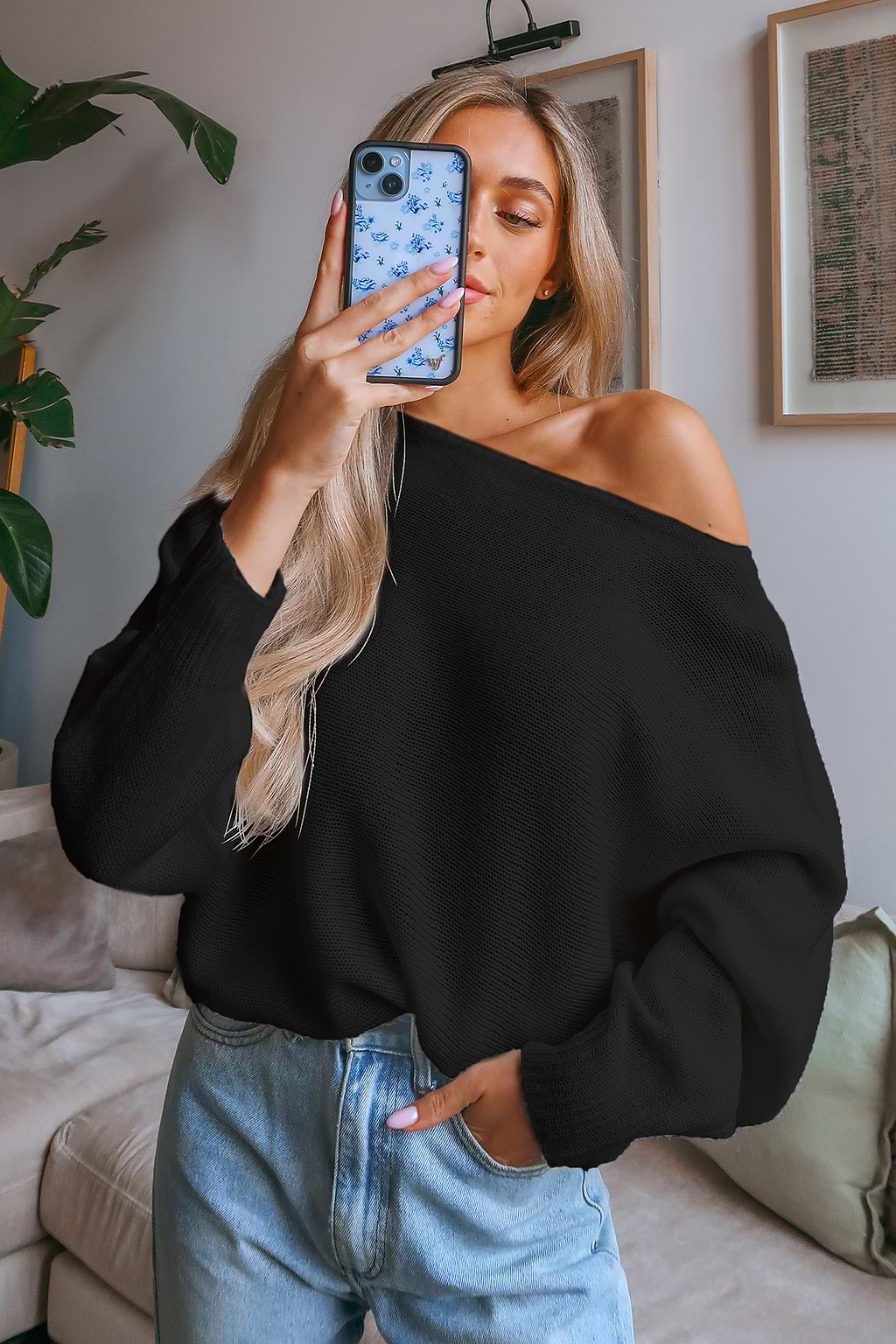 Onyx Crochet One-Shoulder Sweater