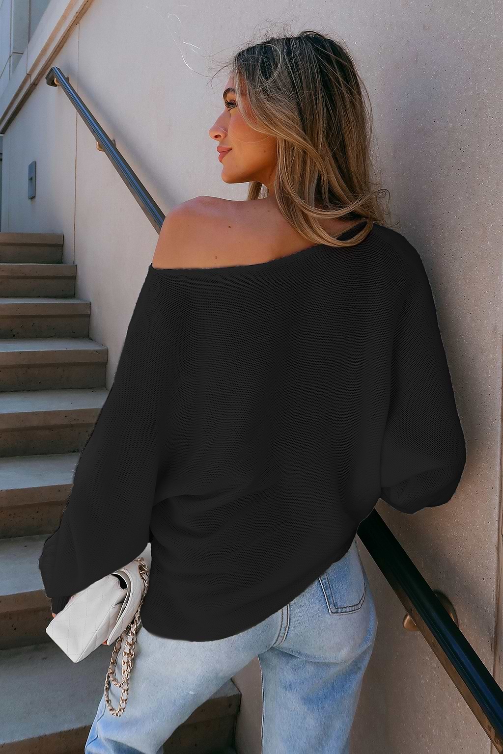 Onyx Crochet One-Shoulder Sweater