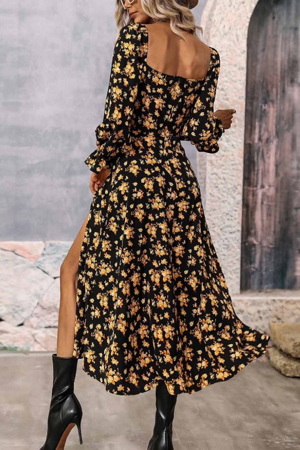 Floral Print Smocked Square Neck Dress