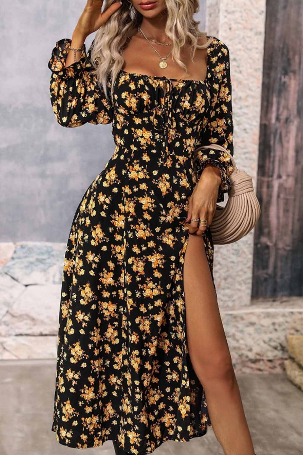 Floral Print Smocked Square Neck Dress