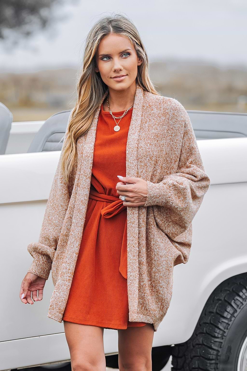 Marled Knit Open-Front Bishop Sleeve Cardigan