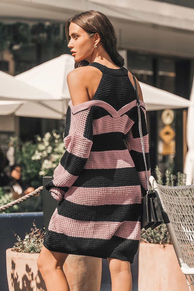 cupshe sweater dress Brown Round Neck Long Sleeve Mini | Effortless Style 48%NYLON Wash Method Cutout Mini Sweater Dress