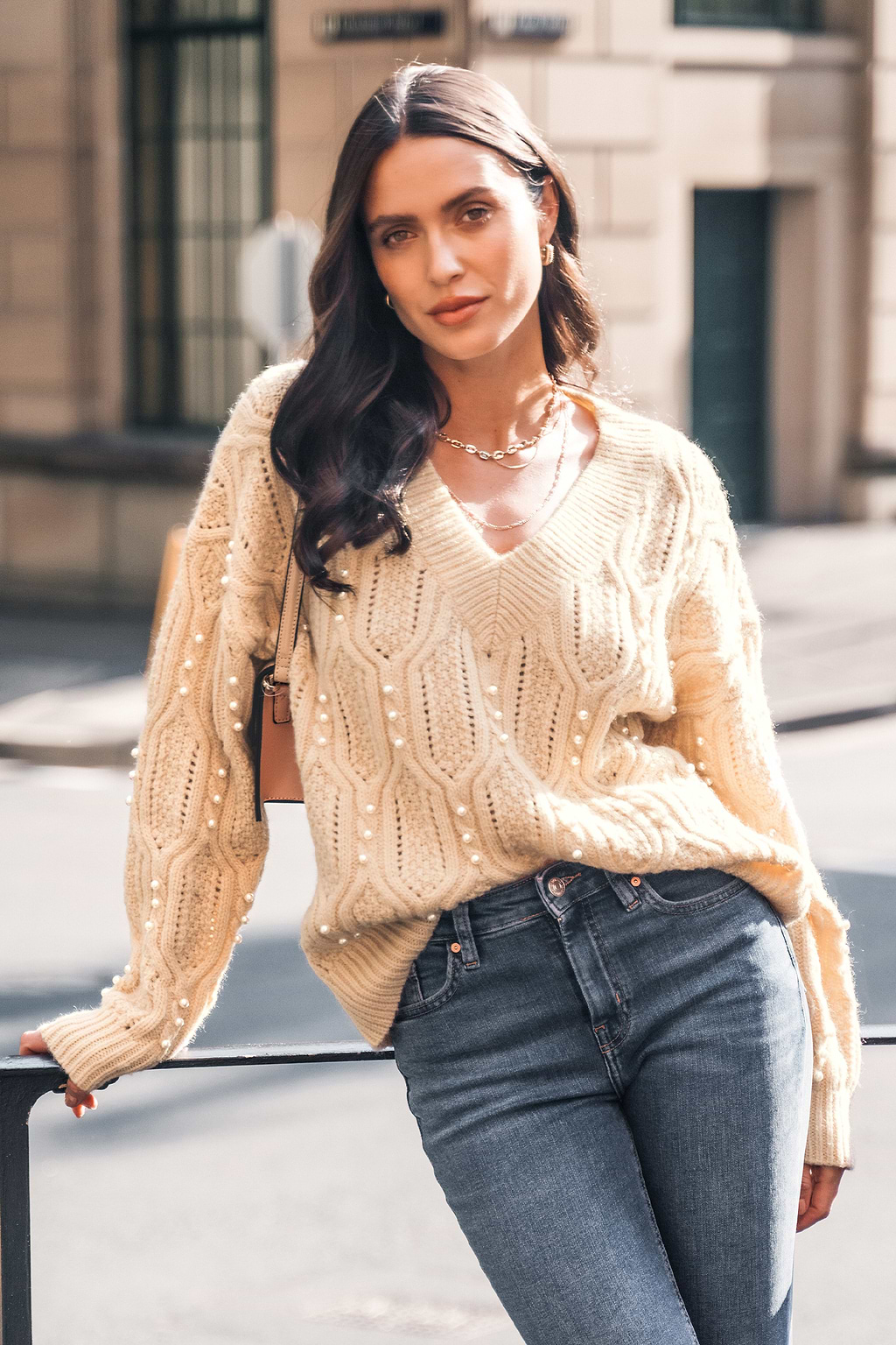 Faux Pearl Cable Knit Sweater