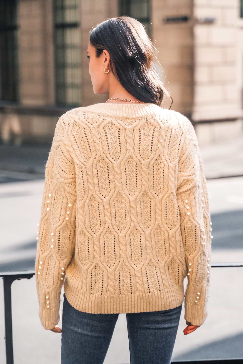 Faux Pearl Cable Knit Sweater