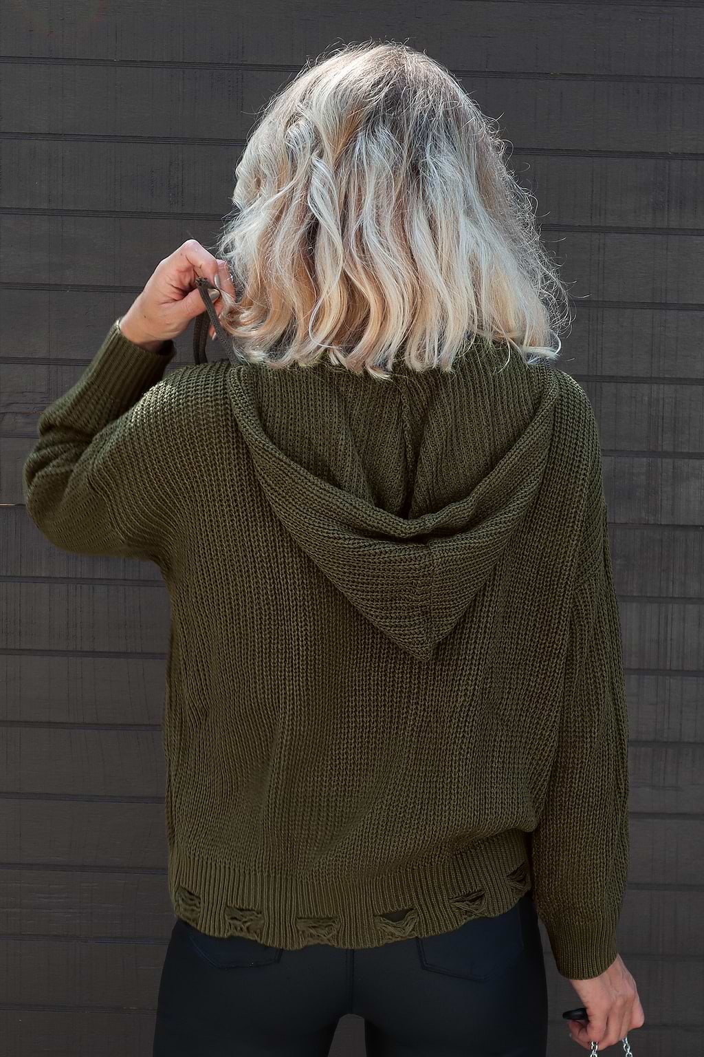 Distressed Crochet Olive Green O-Ring Sweater