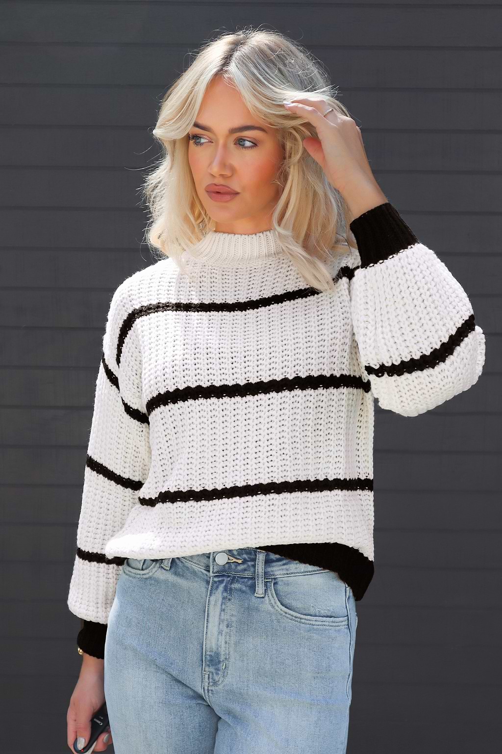 Influencer Edits Striped Mock Neck Chunky Knit Sweater