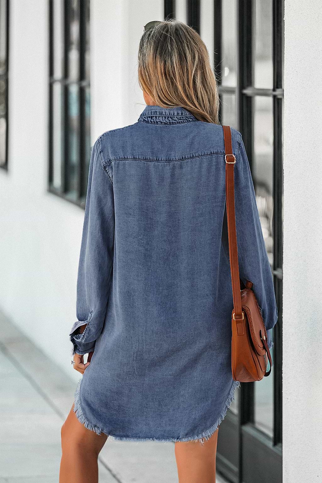Denim Button-Front Frayed Longline Shirt